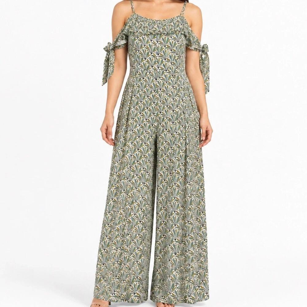Anthropologie Off-The-Shoulder Jumpsuit Palazzo Palm Fan Resort Size 12 A010623